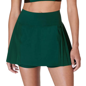 Women High <b>Waist</b> Pleated Mini <b>Skirt</b> Solid Green Breathable Sporty Style All Seasons Spandex Polyester - Product Image 1