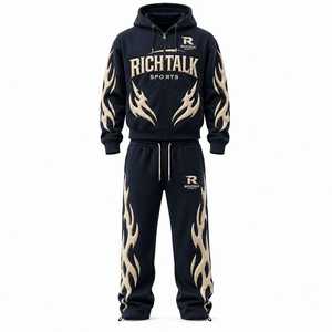 Conjunto de Sudadera con Capucha y Pantalones para Hombre, Estampado de Llamas, Cierre Completo, Ligero, Corte Holgado, Lavado Ácido, Estilo Deportivo de Invierno, Algodón, Superventas - Product Image 1