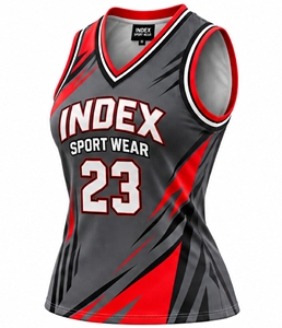 Camiseta de baloncesto para mujer INDEX, cuello en V, sin mangas, número 23, malla sublimada transpirable, gris, rojo - Product Image 4