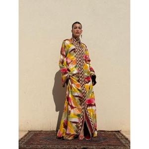 Silk <b>Kaftan</b> Floor-Length Traditional Winter/Summer Party Printed Multicoloured Moisture Wicking High Stand Collar Contrasting - Product Image 1