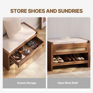 30.9\" Rattan Shoe Bench with <b>Storage</b> Drawer Farmhouse Boho Style Entryway Bench Linen Seat <b>Cushion</b> Bedroom Furniture - Product Image 5