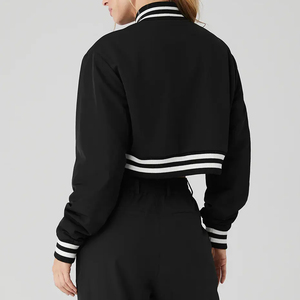 Chaqueta universitaria negra para mujer, corta, de manga larga, con ribete en contraste, abotonada, con cuello vuelto, informal, para otoño. - Product Image 5