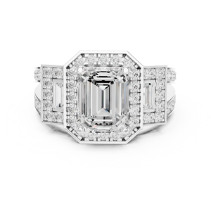 Luxury Emerald Cut Diamond Halo Engagement Ring 18K Gold Double Band Pave Setting IGI Certified Rhodium Plated Wedding Ring - Product Image 1