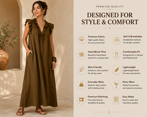 Robe longue ample froncée pour femme toutes saisons - Robe décontractée de créateur olive à col en V avec détail volanté pour les fêtes et la mode féminine - Product Image 3