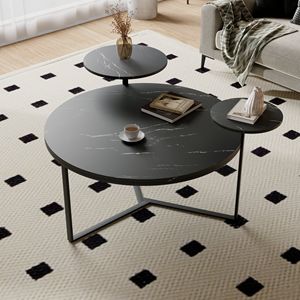 Table basse moderne en faux marbre noir avec base inspirée d'un trépied et plateau arrondi, dotée de deux étagères de présentation - Product Image 2