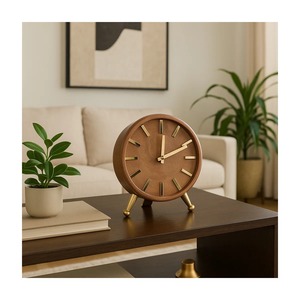 Wooden Desk <b>Clock</b> With Brass Accents Minimalist Design Battery Operated Quartz Movement Circular Shape For Home Offices Use - Product Image 5