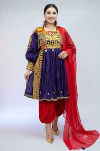 Robe afghane Kuchi pour femmes, robe à broderies lourdes, longueur genoux, col bijou, manches longues, couleur contrastée, robe de soirée décontractée - Product Image 4