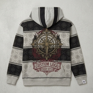 Sudadera con Capucha Colorblock Vintage con Estampado de Brújula, Unisex, con Logotipo Personalizado, Rayas, Estilo Urbano, Chaqueta de Forro Polar, 100% Algodón, Color Sólido - Product Image 2