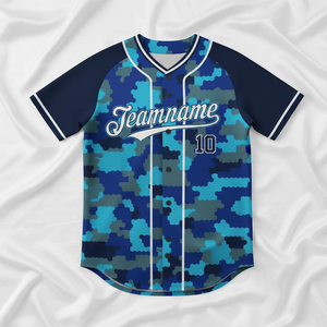 Camiseta de béisbol de camuflaje azul personalizada para hombre, camiseta de uniforme de poliéster transpirable con número 10 y nombre del equipo, manga corta - Product Image 2