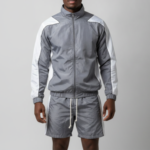 OEM <b>Men's</b> Gray <b>White</b> Color Blocking Two-Piece Windproof Waterproof Sporty <b>Jacket</b> & Shorts Set 100% Polyester - Product Image 4