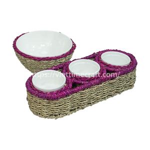 Juego de cuencos para servir algas marinas rectangulares de colores, bandeja tejida a mano, 3 cuencos pequeños, 1 cuenco grande, venta al por mayor, jacinto de agua hecho en Vietnam - Product Image 1