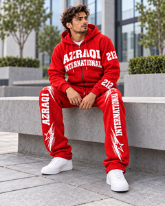 ชุดเซ็ตเสื้อฮู้ดมีซิปสีแดงลายกราฟิกสำหรับผู้ชาย กางเกงจ็อกเกอร์ สตรีทแวร์ ชุดสองชิ้น ขายส่งจากโรงงานผลิตเสื้อผ้า - Product Image 6