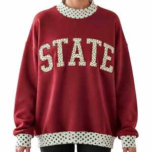 Oversized Red Mock neck Sweatshirt Polka Dot Trim <b>Applique</b> <b>Letter</b> State Print Unisex Pullover Winter Knitted Cotton Spandex - Product Image 1