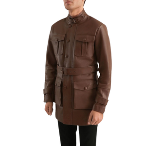 <b>Men</b>’s Brown Genuine Leather Belted <b>Long</b> <b>Coat</b> Multi Pocket Classic Collar Premium Casual Winter Fashion Outerwear - Product Image 5