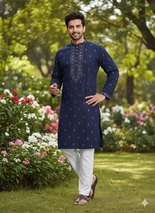 Vente en gros : Ensemble Kurta Pajama pour homme, brodé à la main, style Chikankari Gujarati, idéal pour les mariages, disponible à la vente. - Product Image 2
