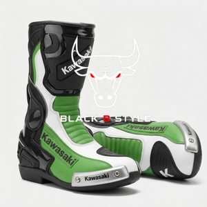 Bottes de course pour moto Kawasaki, cuir vert et blanc, chaussures de sport à blocs de couleur - Product Image 3