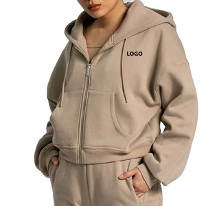 Sudadera con capucha extragrande cremosa para mujer, con cremallera, manga larga, color liso, de punto, forro polar de algodón, para otoño - Product Image 5
