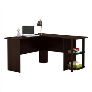 Scrivania a L Angolare Marrone Scuro con Librerie Mobili Convertibili per Hotel e Camere da Letto - Product Image 1