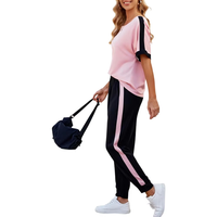 Ensemble de survêtement deux pièces pour femmes, t-shirt rose et pantalon de jogging noir, logo personnalisé, vente en gros, fabricant OEM
