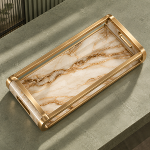 Bandeja de Servir de Hierro de Diseño |   Bandeja Rectangular con Efecto Mármol Blanco Dorado, con Asas Elevadas, para Mesa de Comedor, Decoración del Hogar - Product Image 4