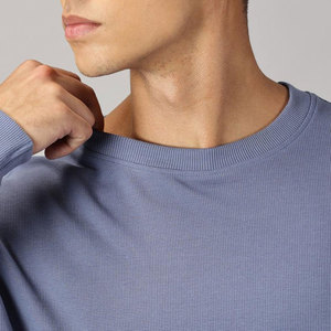 Men's Long Sleeve O-Neck Knitted T-<b>Shirt</b> Solid Color Regular Fit Casual Wear 100% Cotton Blue - Product Image 6