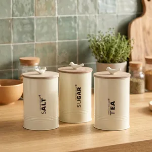 Juego de Recipientes de Cerámica Vintage para Cocina, 3 Piezas, Tapas de Madera para Almacenar Sal, Azúcar y Té, Conservación de Frescura, Portátil, Gran Capacidad - Product Image 1