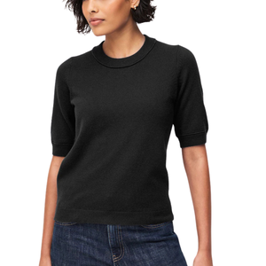 Pull en maille à manches courtes super doux pour femme, col rond noir, léger, décontracté, avec poignets et ourlet côtelés - Product Image 1