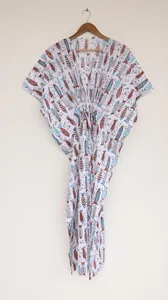 Vestido Kaftán de Algodón con Estampado de Peces Estilo Boho para Mujer, Blanco, para la Playa, con Cintura Ajustable con Cordón, Cuello en V, Ropa de Resort - Product Image 5