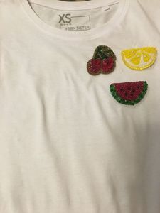 Trending White Cotton Short Sleeve T Shirt With Beaded Embroidery Pink Sequin Heart Face Patch For Women Casual Summer Clothing - Product Image 2