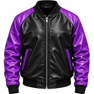 Blouson bomber en cuir PU pour homme, noir et violet, à col montant, coupe-vent, fermeture éclair, style décontracté - Product Image 1