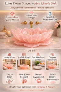 Lavabo de Baño de Cuarzo Rosa con Forma de Flor de Loto, Lavabo de Cristal Rosa de Lujo, Lavabo de Piedra Tallado a Mano, Lavabo de Estilo Spa - Product Image 6