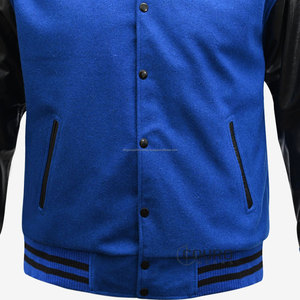 Veste universitaire en cuir véritable Letterman en laine pour hommes, bleu noir avec broderie de logos, patchs et étiquettes - Product Image 4