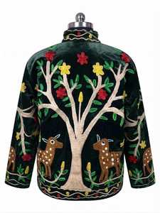 Vintage Embroidered <b>Velvet</b> <b>Jacket</b> <b>Women</b> Stand Collar Button Floral Long Sleeve Coat - Product Image 4