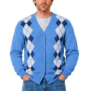 <b>Men</b> Autumn Blue Argyle <b>V</b> <b>Neck</b> Cardigan Knitted <b>Sweater</b> Diamond Pattern Button Front Long Sleeves Classic Casual Soft 100% - Product Image 1