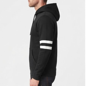 New Arrivals <b>Men's</b> Black Hooded <b>Sweatshirt</b> Regular Fit Cotton Fleece Casual Autumn Wear Pocket Design <b>White</b> Stripes on Sleeves - Product Image 4