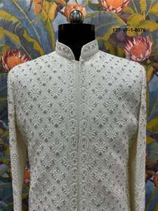Sherwani pour homme, style architecture palatiale Taj, motif losanges et treillis floral, col mandarin, base Divine Touch, tenue de mariage traditionnelle - Product Image 4