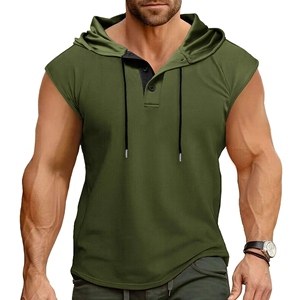 Plain Solid Woven Stylish Hoodies with Pocket Button <b>Design</b> Breathable Superior 100% Cotton Gym Hoodie for Summer Men New - Product Image 5