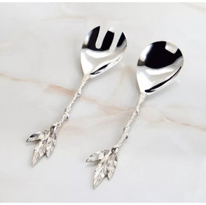 Elegante Juego de Servidores de Ensalada con Diseño de Hoja Plateada, Tenedores y Cucharas de Acero Inoxidable Hechos a Mano, Utensilios de Servir para Fiestas en Casa - Product Image 1