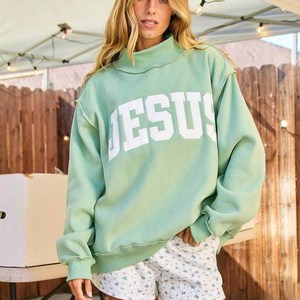 Jesus Premium <b>Mock</b> <b>Neck</b> Crew <b>Neck</b> Sweatshirt Cotton Fleece Chenille Letter Embroidery University Unisex Pullover - Product Image 3
