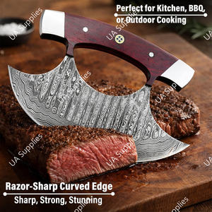 Cuchillo Ulu Sharp Rocker de Acero de Damasco con Hoja Curva, Mango de Madera de Palisandro, Hecho a Mano, Ambidiestro, Funda de Cuero, Personalizable - Product Image 6