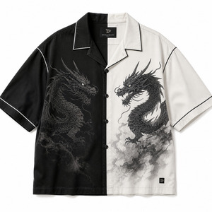 Chemise de bowling personnalisée avec motif dragon Y2K pour homme, noire et blanche, coupe oversize, col camp, streetwear, boutonnée, vente en gros - Product Image 5