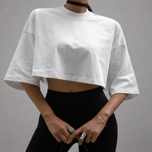 รับผลิตเสื้อยืดโอเวอร์ไซส์แบบครอป คอตตอน 100% สำหรับทุกเพศ สวมใส่สบาย เหมาะสำหรับออกกำลังกาย น้ำหนัก 160 กรัม คอกลม แขนครึ่งตัว แห้งเร็ว ตกแต่งด้วยลายฉลุ - Product Image 4