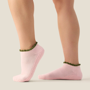 Custom Women <b>Grip</b> <b>Socks</b> Decorative Ruffle Cuff Non Slip Pilates Yoga <b>Socks</b> Jacquard Embroidery Logo Vietnam Factory - Product Image 1
