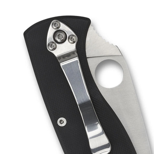 Couteaux de poche pliants à lame argentée avec manche ergonomique noir, bord de coupe partiellement dentelé, trou rond pour le pouce et clip métallique - Product Image 6