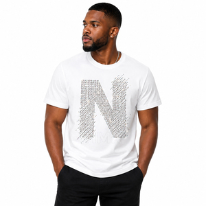T-shirt blanc à manches courtes pour homme HMR Brotherhood avec imprimé lettre N en strass, col rond, coupe décontractée, jersey en coton - Product Image 1