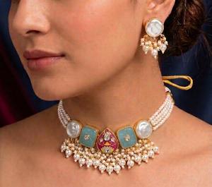 Parure de bijoux vintage en laiton avec perles d'imitation, collier pendentif à pompon en zircon et boucles d'oreilles assorties, style ethnique pour femme, cadeau de mariage ou de fête - Product Image 5