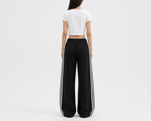 Pantalon large pour femme à rayures latérales, taille élastique avec cordon de serrage, style sportif décontracté, coupe ample, bas de tenue athleisure urbaine - Product Image 3