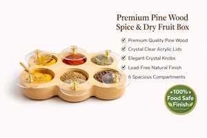 Wooden Handcrafted Food Safe Spice <b>Box</b> <b>Masala</b> Dabba Acrylic Lid with 6 Round Compartments Rectangular Pine Wood Spice <b>Box</b> Set - Product Image 6
