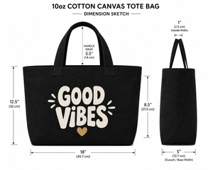 Good Vibes <b>Foldable</b> Canvas Tote <b>Bag</b> with Heart Design Black for <b>Travel</b> & Shopping - Product Image 2
