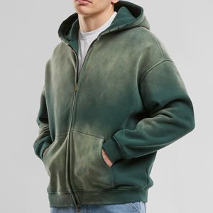 Sudadera con capucha y cremallera para hombre, de invierno, color burdeos lavado, de forro polar grueso, 450 GSM, algodón, corte holgado, estilo urbano - Product Image 2